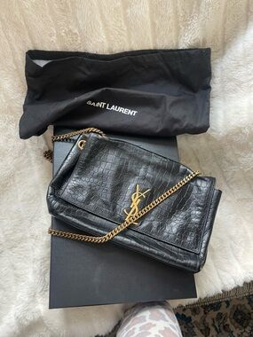 Saint Laurent Black Croc-Embossed Shoulder Bag with Gold Hardware